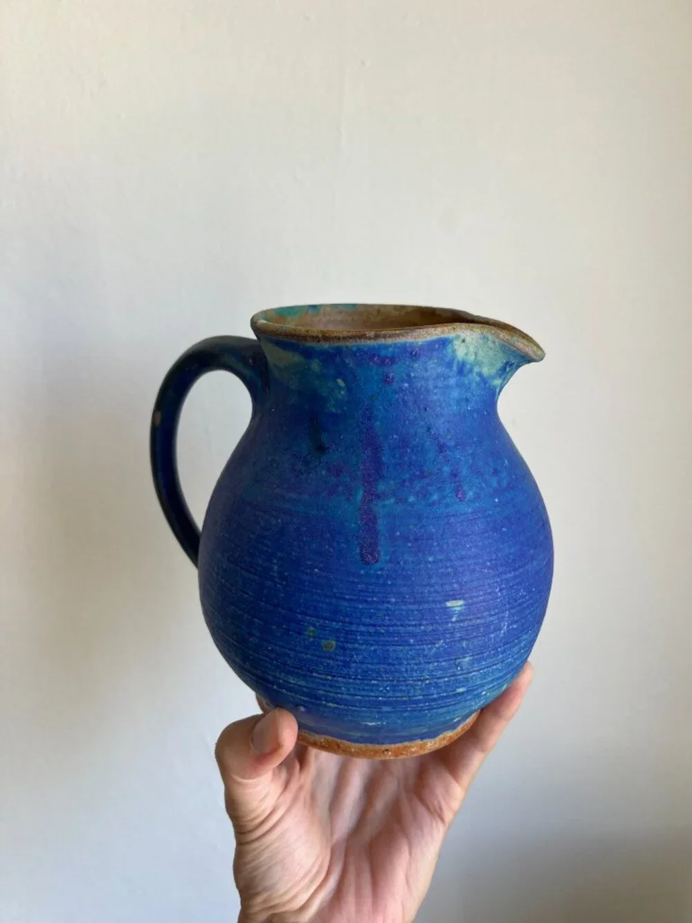 Vintage Studio Pottery Cerulean Blue Pitcher Vase Signed Hand Thrown Stoneware